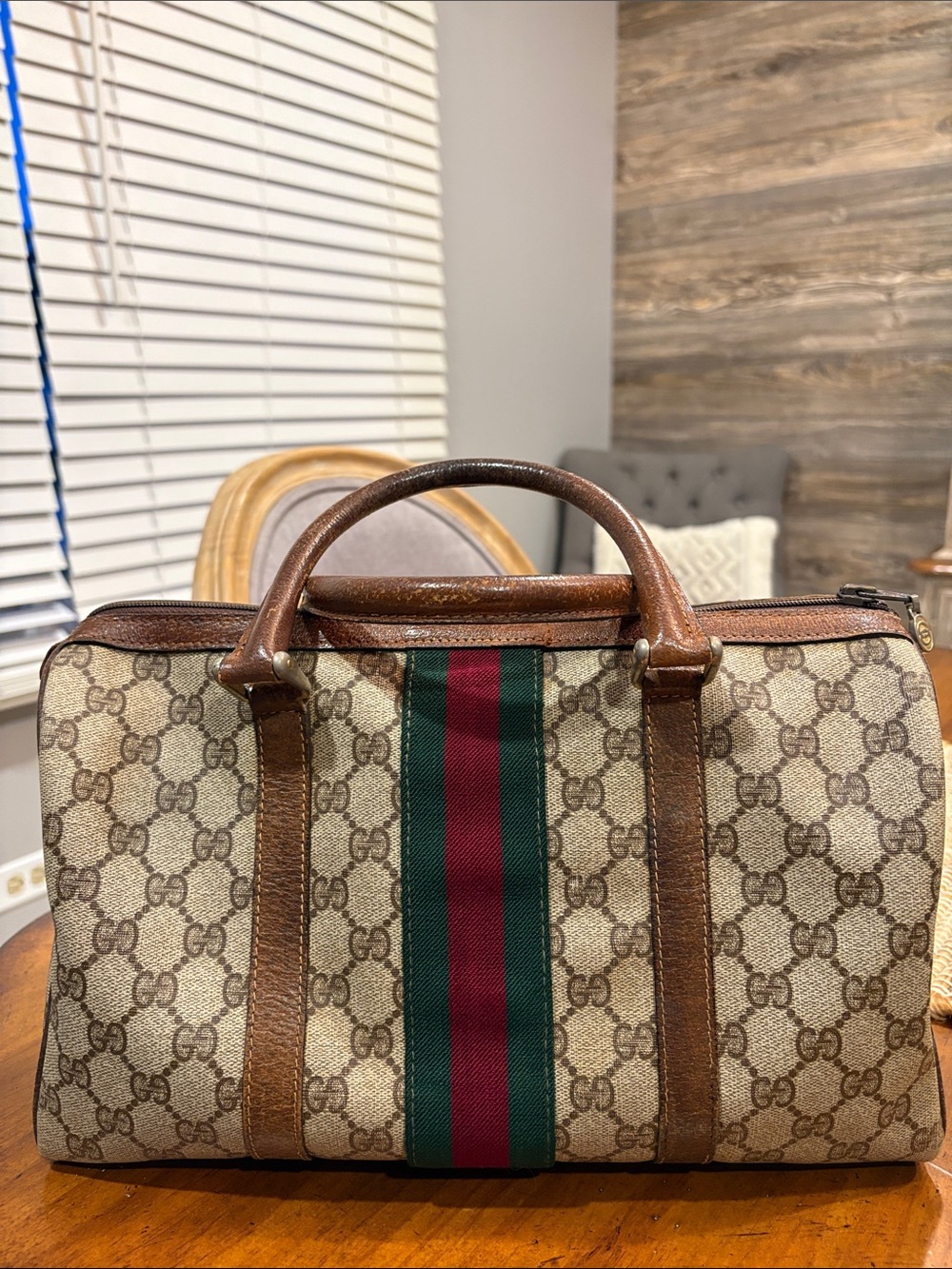 Gucci Brown Monogram Boston Bag with Green and Red Stripe - Picture 4 of 14